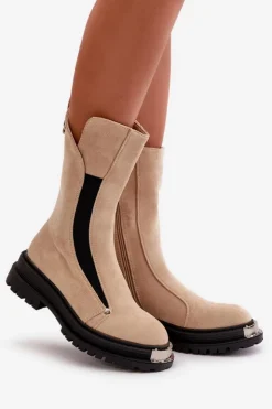 Damskie Boto Zamszowe Ocieplane Botki Na Płaskim Obcasie Jasnobeżowe Palimra