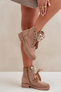 Outlet Boto Zamszowe Ocieplane Botki Z Perełkami I Wstążką Beżowe Perla