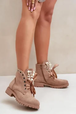 Outlet Boto Zamszowe Ocieplane Botki Z Perełkami I Wstążką Beżowe Perla