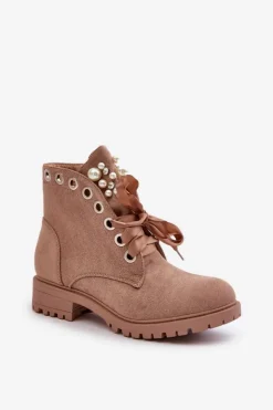 Outlet Boto Zamszowe Ocieplane Botki Z Perełkami I Wstążką Beżowe Perla