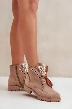 Outlet Boto Zamszowe Ocieplane Botki Z Perełkami I Wstążką Beżowe Perla