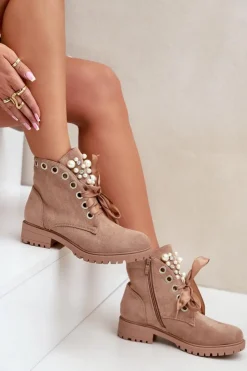 Outlet Boto Zamszowe Ocieplane Botki Z Perełkami I Wstążką Beżowe Perla