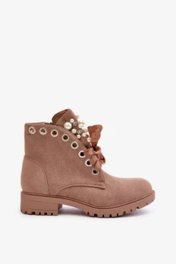 Outlet Boto Zamszowe Ocieplane Botki Z Perełkami I Wstążką Beżowe Perla