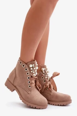 Outlet Boto Zamszowe Ocieplane Botki Z Perełkami I Wstążką Beżowe Perla