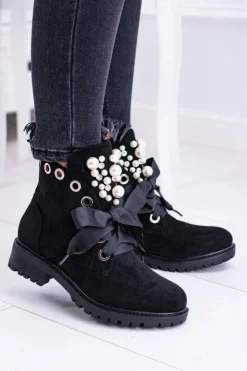Boto Botki Ocieplane|Botki Sznurowane*Zamszowe Ocieplane Botki Z Perełkami I Wstążką Czarne Perla Czarny