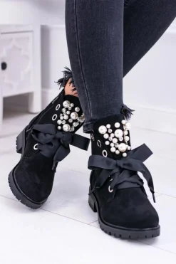 Boto Botki Ocieplane|Botki Sznurowane*Zamszowe Ocieplane Botki Z Perełkami I Wstążką Czarne Perla Czarny