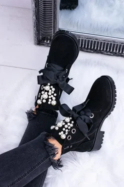 Boto Botki Ocieplane|Botki Sznurowane*Zamszowe Ocieplane Botki Z Perełkami I Wstążką Czarne Perla Czarny