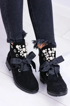 Boto Botki Ocieplane|Botki Sznurowane*Zamszowe Ocieplane Botki Z Perełkami I Wstążką Czarne Perla Czarny