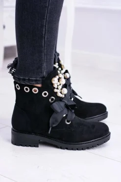 Boto Botki Ocieplane|Botki Sznurowane*Zamszowe Ocieplane Botki Z Perełkami I Wstążką Czarne Perla Czarny