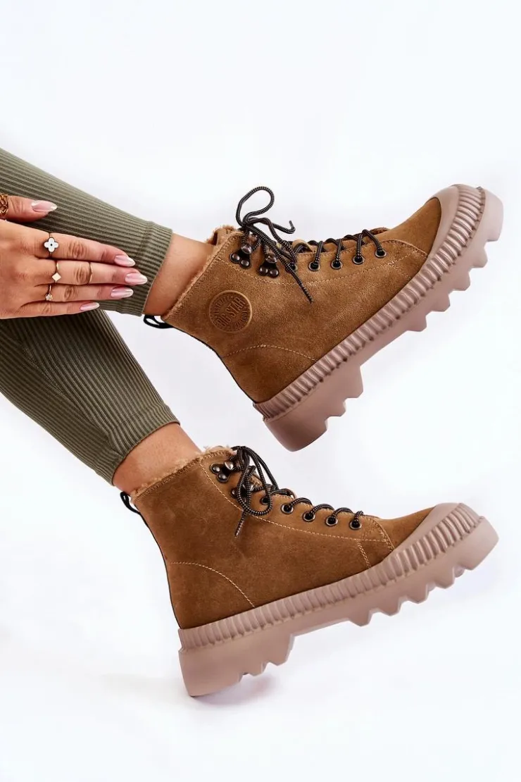 Outlet Big Star Shoes Zamszowe Ocieplane Botki Trapery Big Star KK274521 Beżowe