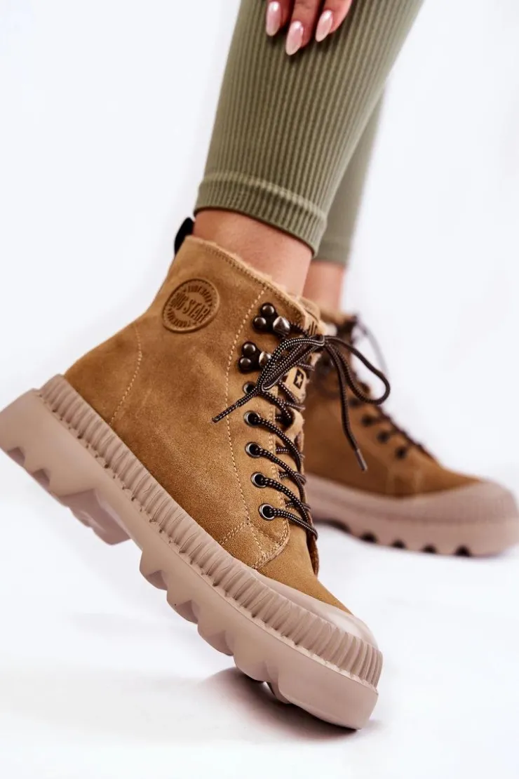 Outlet Big Star Shoes Zamszowe Ocieplane Botki Trapery Big Star KK274521 Beżowe
