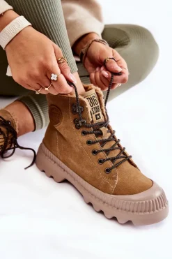 Outlet Big Star Shoes Zamszowe Ocieplane Botki Trapery Big Star KK274521 Beżowe