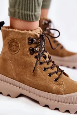 Outlet Big Star Shoes Zamszowe Ocieplane Botki Trapery Big Star KK274521 Beżowe