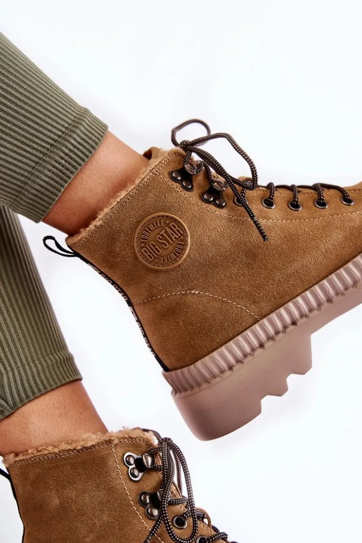 Outlet Big Star Shoes Zamszowe Ocieplane Botki Trapery Big Star KK274521 Beżowe