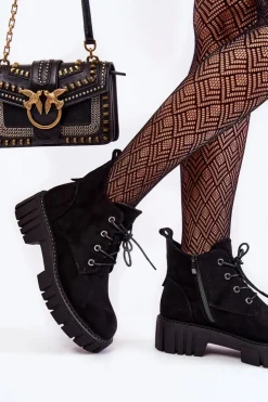 Damskie Buty Sergio Leone Zamszowe Ocieplane Botki Sznurowane Czarne Bjorg