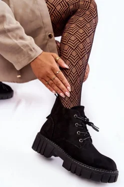 Damskie Buty Sergio Leone Zamszowe Ocieplane Botki Sznurowane Czarne Bjorg