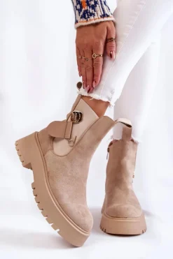 Damskie Boto Zamszowe Ocieplane Botki Workery Beżowe Magnis
