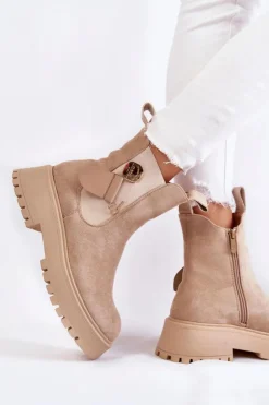 Damskie Boto Zamszowe Ocieplane Botki Workery Beżowe Magnis