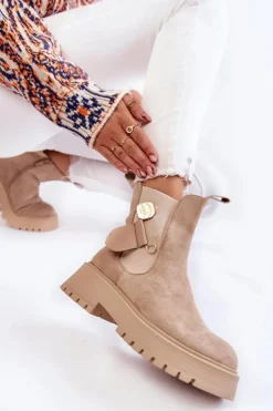 Damskie Boto Zamszowe Ocieplane Botki Workery Beżowe Magnis