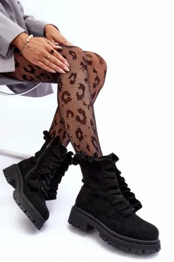 Outlet Boto Zamszowe Ocieplane Botki Workery Na Płaskim Obcasie Czarne Nacelle