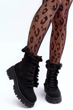 Outlet Boto Zamszowe Ocieplane Botki Workery Na Płaskim Obcasie Czarne Nacelle