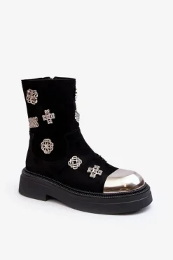 Damskie Damskie buty S.Barski Zamszowe Ocieplane Botki Z Ozdobami D&A MR870-14 Czarne