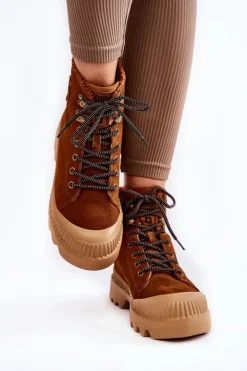 Big Star Shoes Damskie Trapery|Botki Sznurowane*Zamszowe Ocieplane Botki Trapery Big Star KK274520 Brązowe