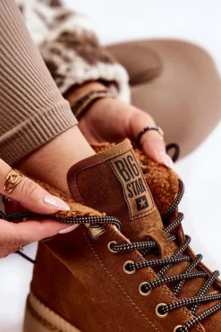 Big Star Shoes Damskie Trapery|Botki Sznurowane*Zamszowe Ocieplane Botki Trapery Big Star KK274520 Brązowe