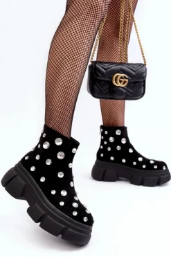 Outlet Damskie buty S.Barski Zamszowe Ocieplane Botki Z Kryształkami D&A MR52-205 Czarne Czarny