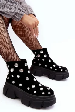 Outlet Damskie buty S.Barski Zamszowe Ocieplane Botki Z Kryształkami D&A MR52-205 Czarne Czarny