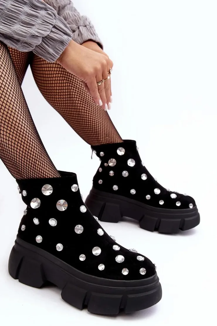 Outlet Damskie buty S.Barski Zamszowe Ocieplane Botki Z Kryształkami D&A MR52-205 Czarne Czarny