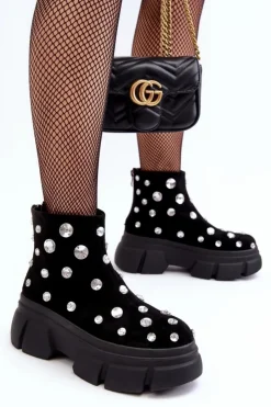 Outlet Damskie buty S.Barski Zamszowe Ocieplane Botki Z Kryształkami D&A MR52-205 Czarne Czarny