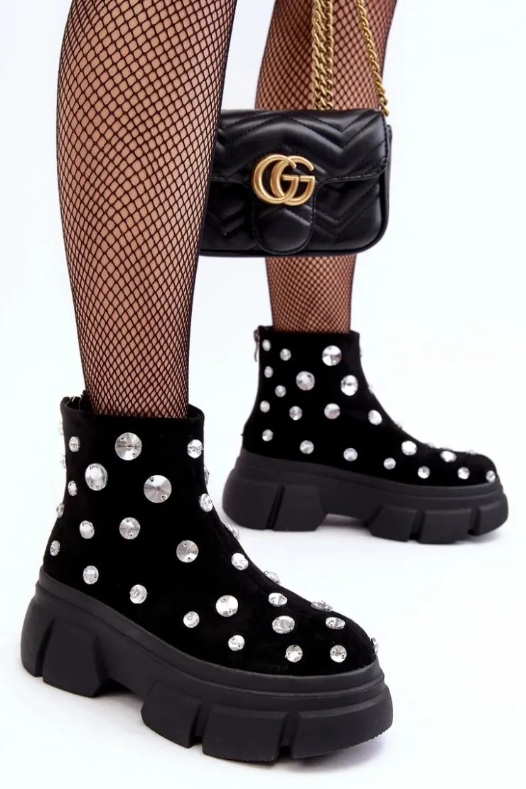 Outlet Damskie buty S.Barski Zamszowe Ocieplane Botki Z Kryształkami D&A MR52-205 Czarne Czarny