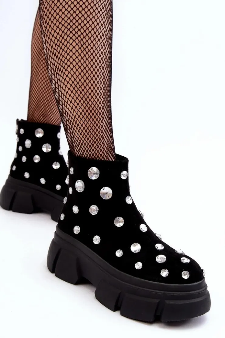 Outlet Damskie buty S.Barski Zamszowe Ocieplane Botki Z Kryształkami D&A MR52-205 Czarne Czarny