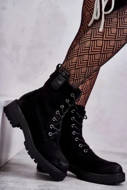 Damskie Boto Zamszowe Ocieplane Botki Sznurowane Czarne Ritta