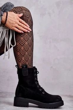 Damskie Boto Zamszowe Ocieplane Botki Sznurowane Czarne Ritta