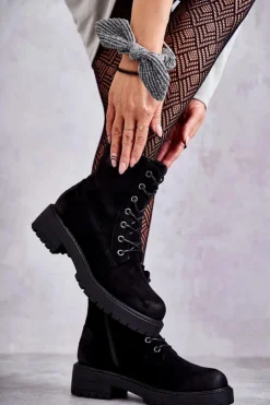 Damskie Boto Zamszowe Ocieplane Botki Sznurowane Czarne Ritta