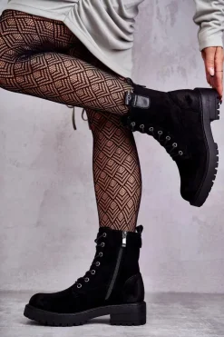 Damskie Boto Zamszowe Ocieplane Botki Sznurowane Czarne Ritta