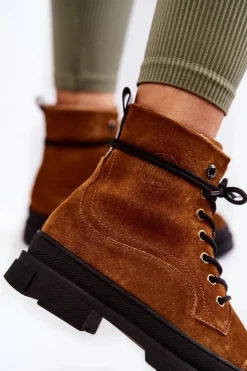 Damskie Big Star Shoes Zamszowe Ocieplane Botki Trapery Big Star KK274524 Brązowe