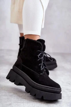 New Boto Zamszowe Ocieplane Botki Sznurowane Czarne Lemar Elisabeth Czarny