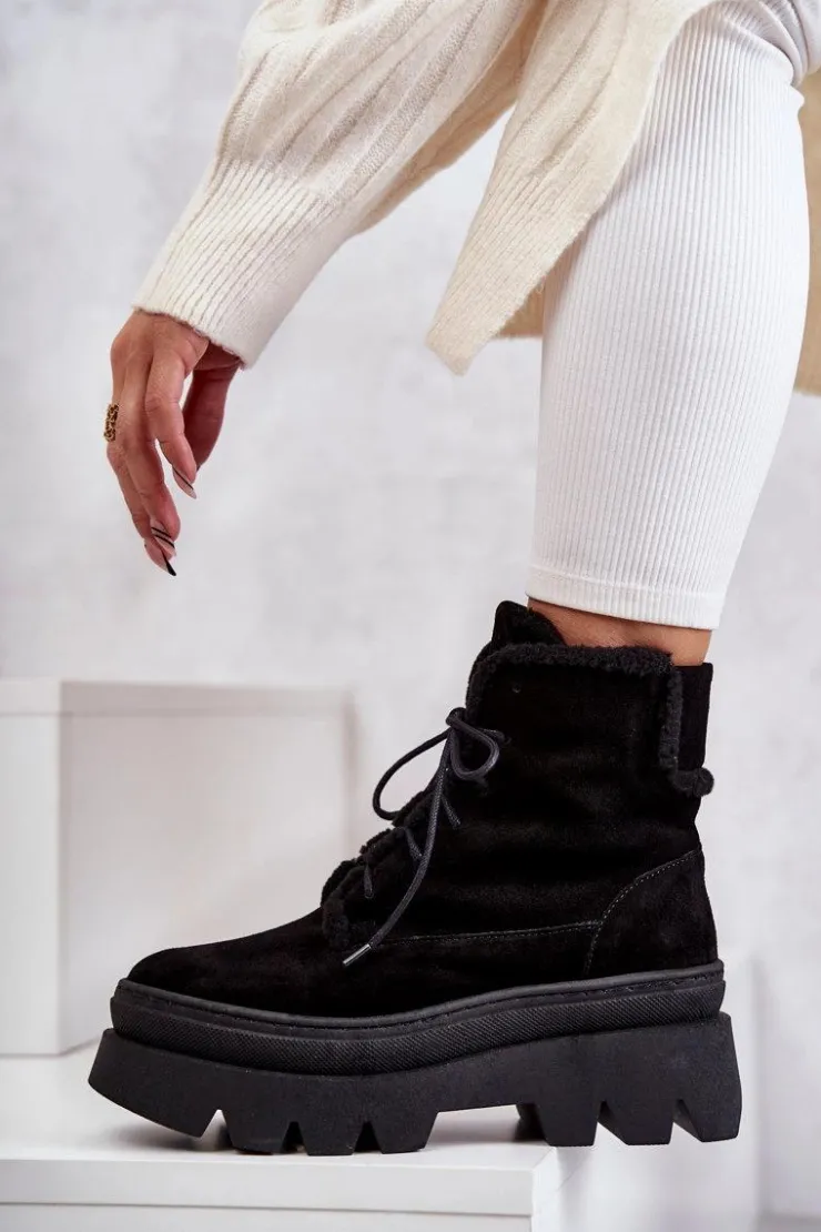 New Boto Zamszowe Ocieplane Botki Sznurowane Czarne Lemar Elisabeth Czarny