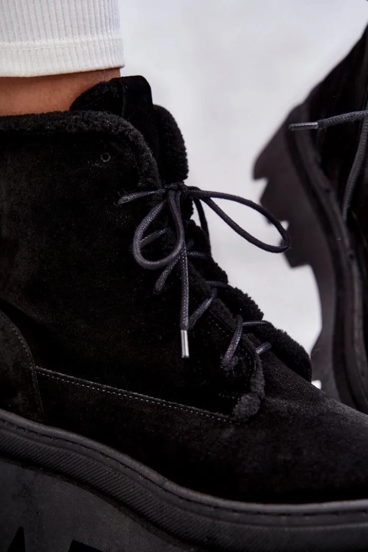New Boto Zamszowe Ocieplane Botki Sznurowane Czarne Lemar Elisabeth Czarny