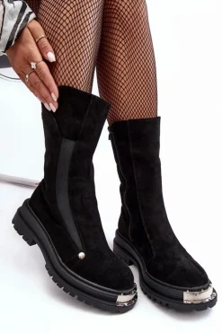 Damskie Boto Zamszowe Ocieplane Botki Na Płaskim Obcasie Czarne Palimra