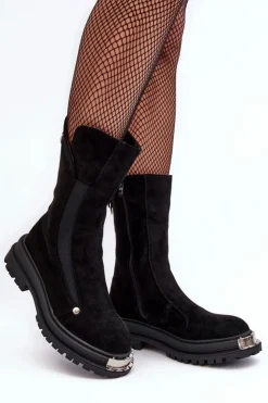 Damskie Boto Zamszowe Ocieplane Botki Na Płaskim Obcasie Czarne Palimra