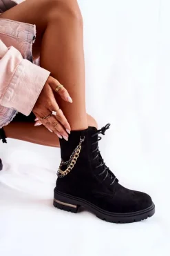 Damskie Boto Zamszowe Ocieplane Botki Z Łańcuchem Czarne Sorita
