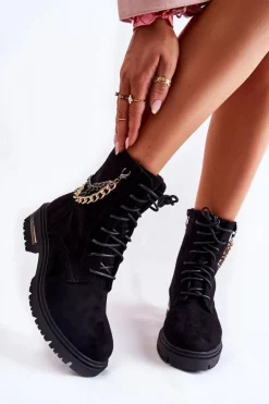 Damskie Boto Zamszowe Ocieplane Botki Z Łańcuchem Czarne Sorita