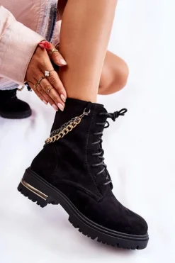 Damskie Boto Zamszowe Ocieplane Botki Z Łańcuchem Czarne Sorita