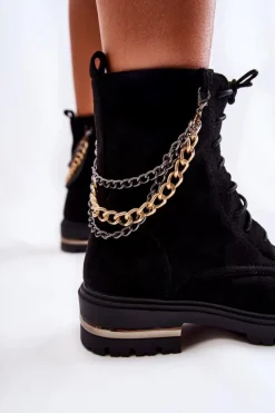 Damskie Boto Zamszowe Ocieplane Botki Z Łańcuchem Czarne Sorita