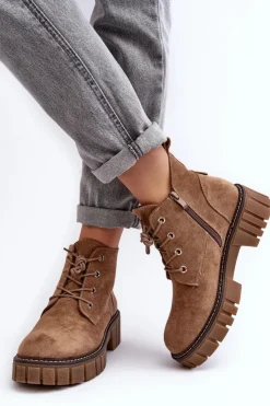 Outlet Buty Sergio Leone Zamszowe Ocieplane Botki Sznurowane Ciemnobeżowe Bjorg