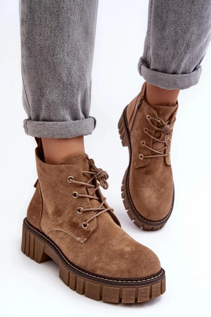 Outlet Buty Sergio Leone Zamszowe Ocieplane Botki Sznurowane Ciemnobeżowe Bjorg